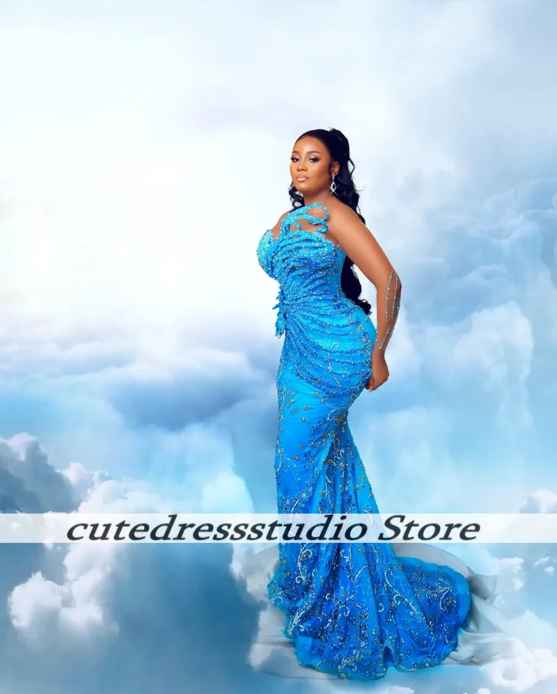 Blauwe Pailletten Kralen Zeemeermin Avondjurken Voor Vrouwen Aso Ebi Lange Crew Prom Jassen Luxe Feestjurk Vestido De Gala Aangepast