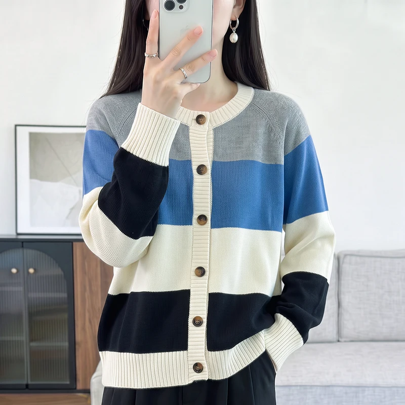Autumn and winter new 100 pure cotton sweater women's casual round neck cardigan loose knit jacket fashionable color blocked top