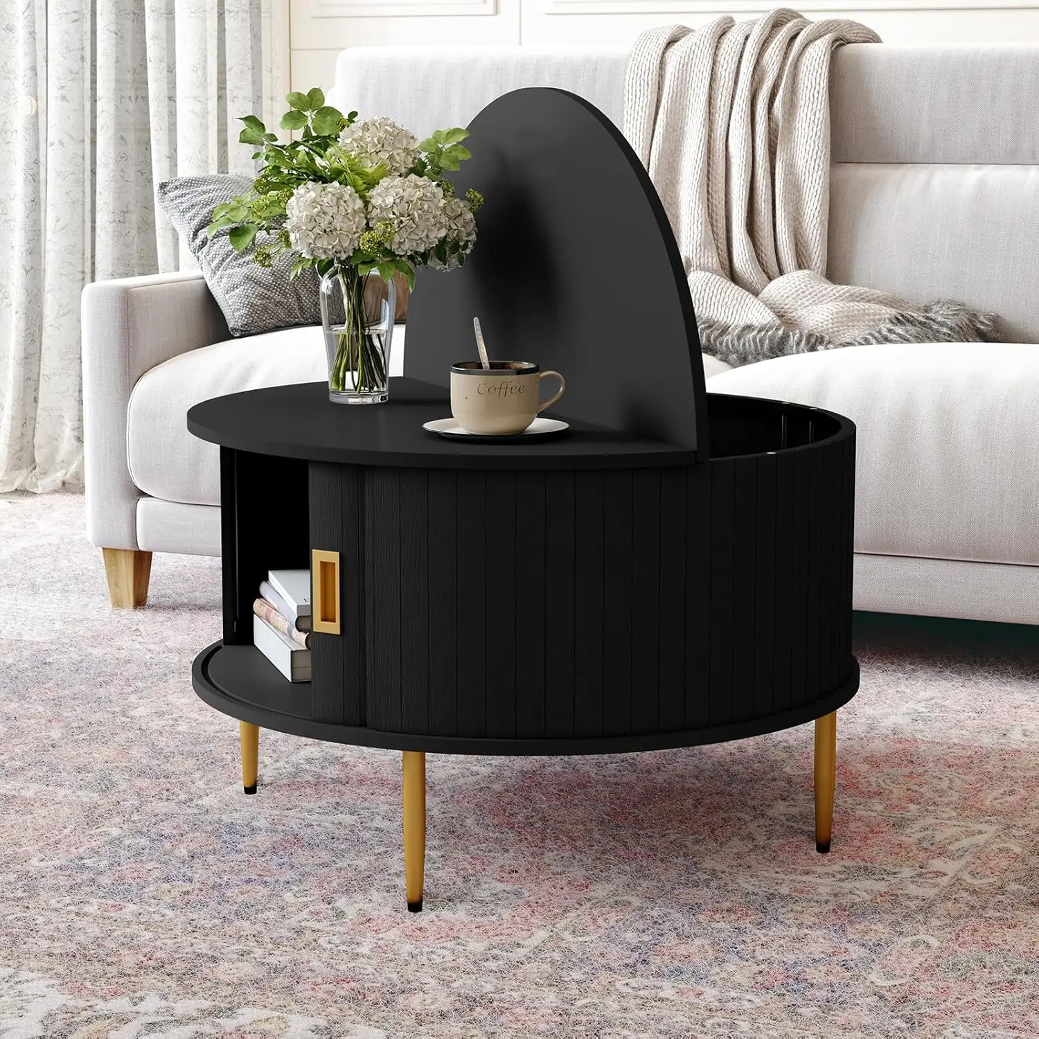 Okrągły stolik kawowy 80 cm z drzwiczkami tambour, stolik centralny w stylu mid-century do salonu, mały, drewniany, z rowkowanym wykończeniem, na zamówienie