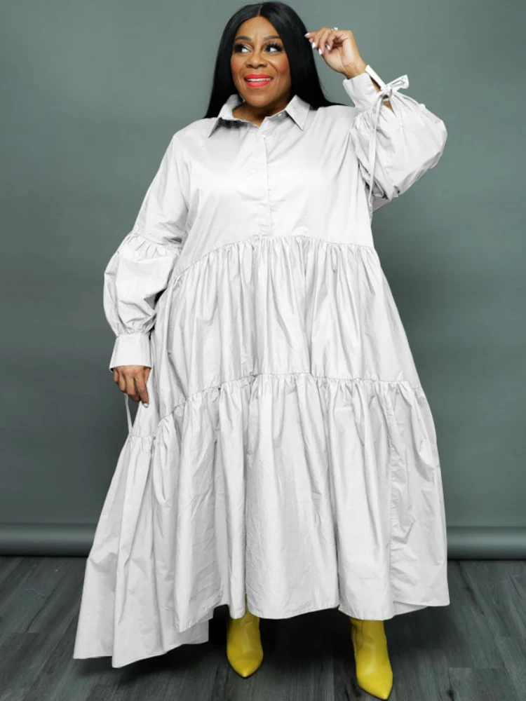 Oversized Shirt Dress Turn Down Collar Long Sleeve Lace Up Asymmetrical Floor-Length Casual Loose Party Club Plus Size Vestidos