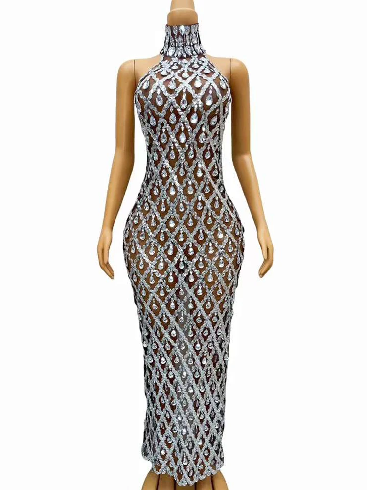 Luxury Sliver Crystals Evening Women Dress Shining Sequins Party Club Wear See Through Mesh Drag Queen Show Sing Dance Stage