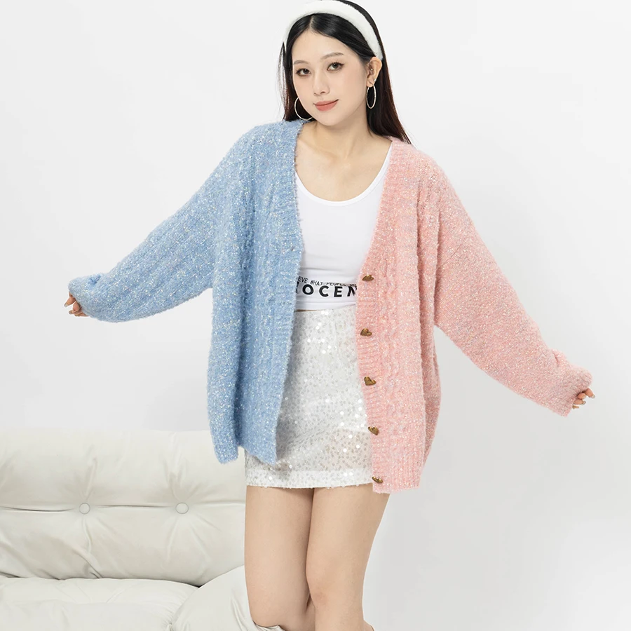 Korean Style Autumn Winter Women Girl Casual Spliced Contrast Color Sweater Coat Colourful Fashion Design Loose Knitted Cardigan