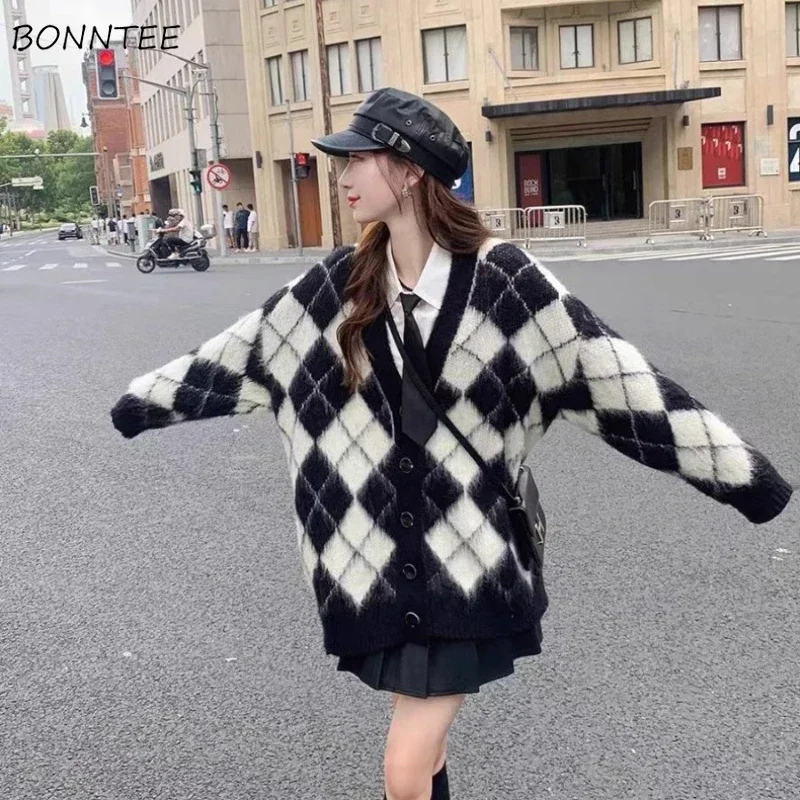 Cardigan Women Knitted Argyle Ins Trendy Coats Lazy Style Loose Fit Vintage All-match Autumn Students Popular Classic Trendy