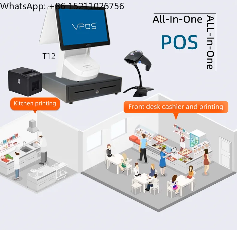 آلة نقاط البيع الكل في واحد لسطح المكتب مع طابعة حرارية محطة فواتير غير متصلة بالإنترنت وشاشة مزدوجة تعمل باللمس ونظام Windows 11 Pos