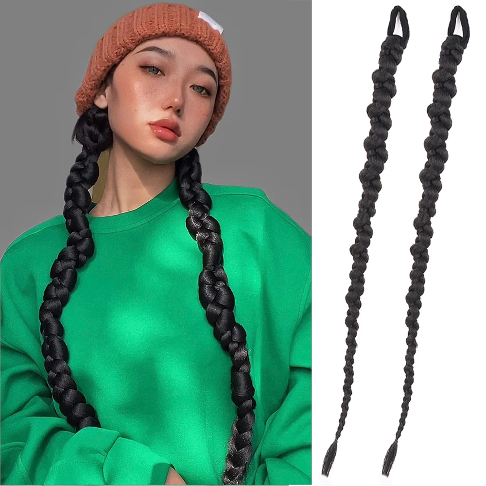 Synthetic Chignon Tail With Rubber Band Hair Ring Long Boxing Braids Crochet Braid Hair Ponytail Extensions Black Silver Brown