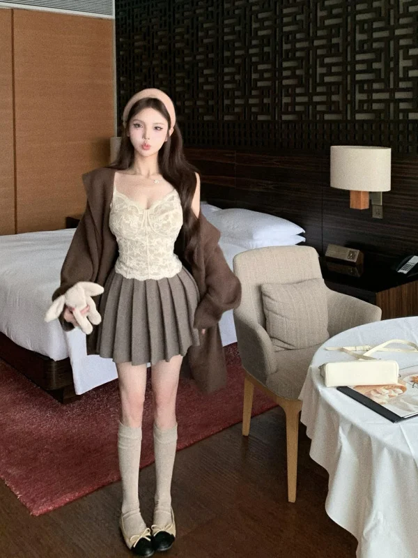 Soft Lazy Style Apricot Hooded Knit Sweater Coat Women's Loose Mid-Length Top Warm Autumn Winter V-Neck Long Sleeve Cardigan