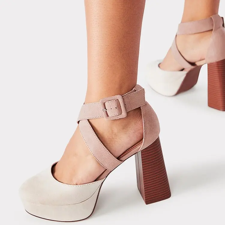 

White Vegan Suede Chunky Heel Platform Pumps with Ankle Straps