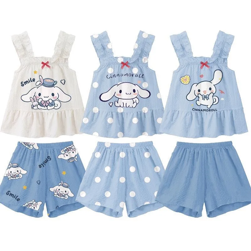 Kawaii Sanrio Kuromi Kids Cinnamoroll Cartoon Pajamas Set Cute My Melody Girls Boys Summer Short Sleeved Home Set Children Gift