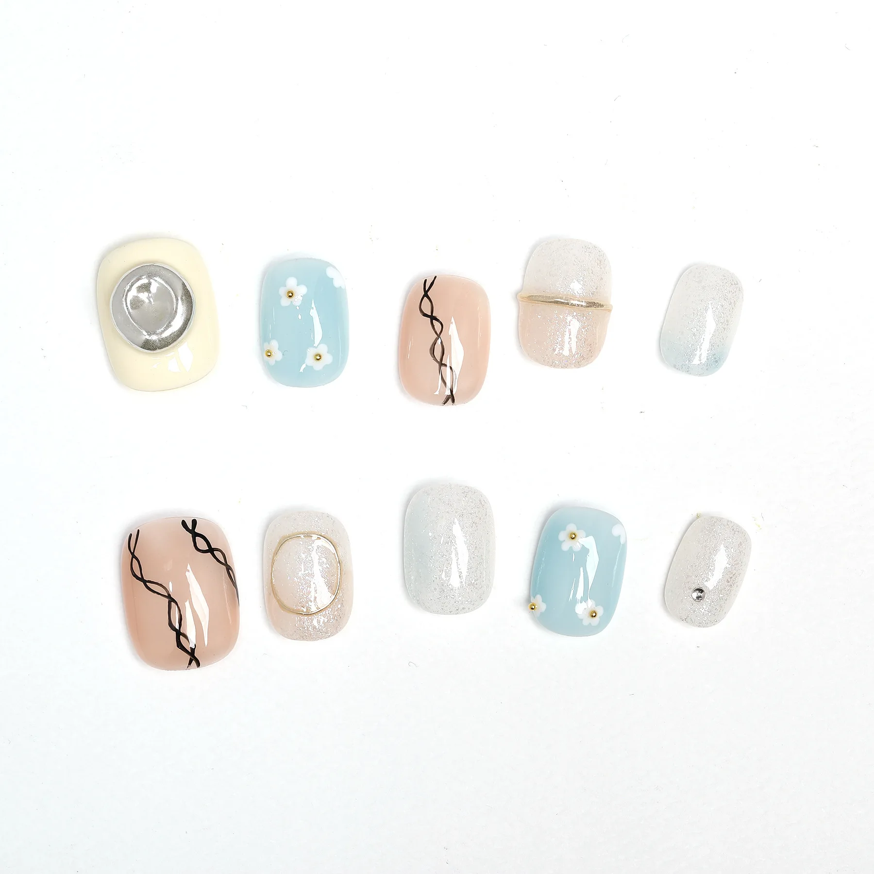 

10PCS Simple Short Square Round Handmade False Nails with Glue Fresh Blue Flowers Designs Press on Nails Full Cover Wearable Tip