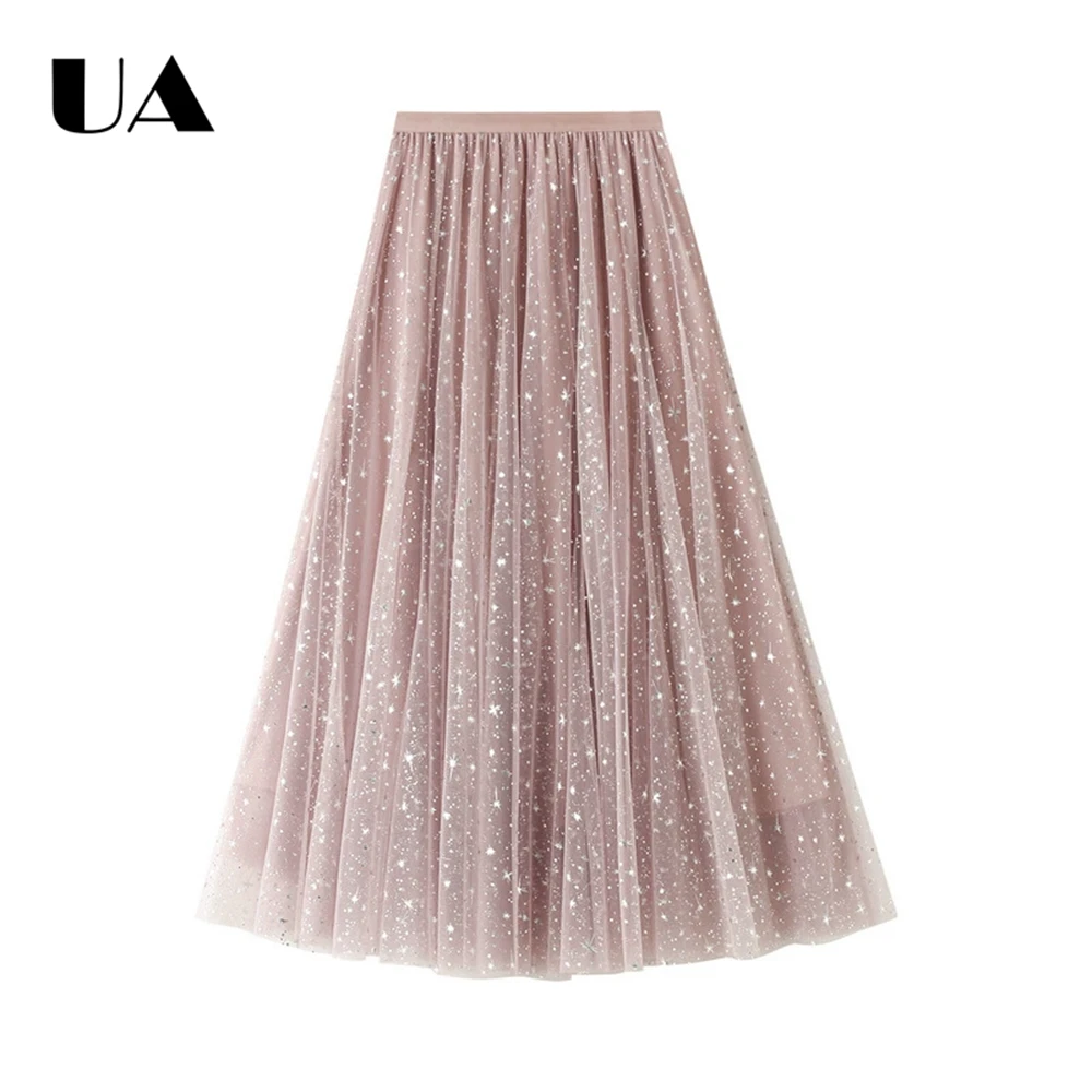 ULBYANRY Starry Sky Skirt Women's Autumn Winter A Line Skirts, Elastic Waist Puffy Skirts Sparkling Mesh Skirts