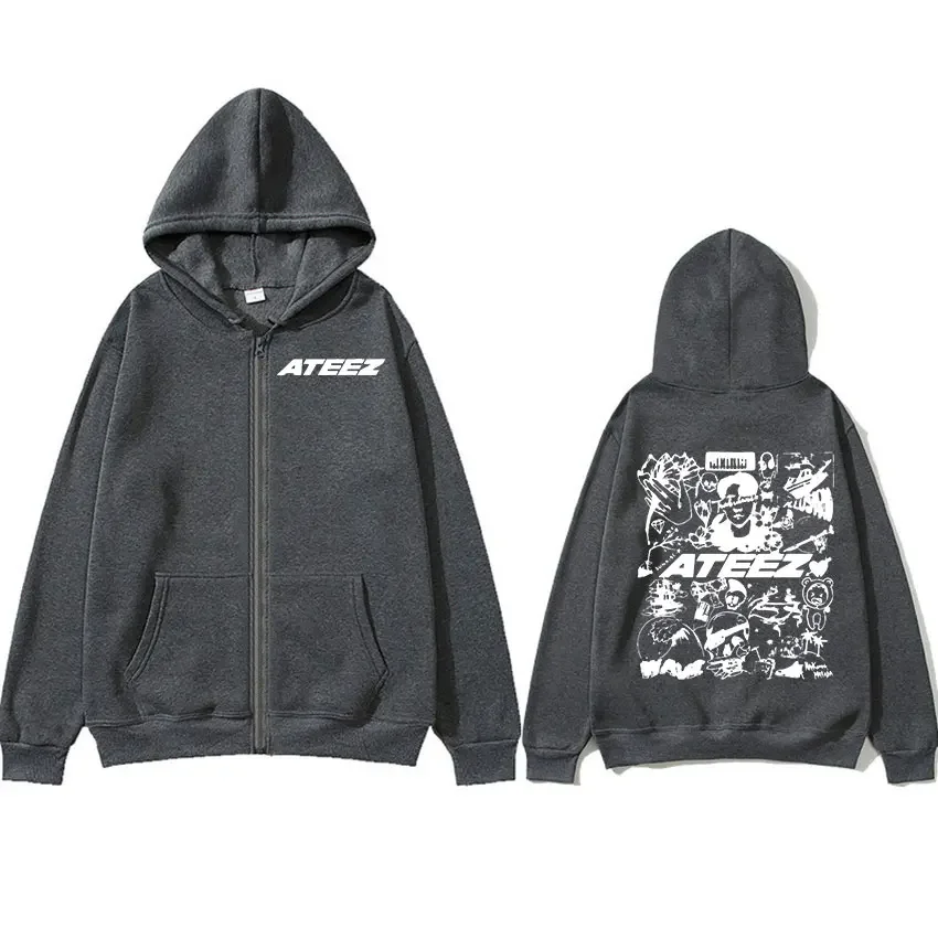 Korean Band Ateez Music Album Zipper Hoodie Men\'s Women Hip Hop Fashion Oversized Zip Up Sweatshirt Retro Pullover Coats Hoodies