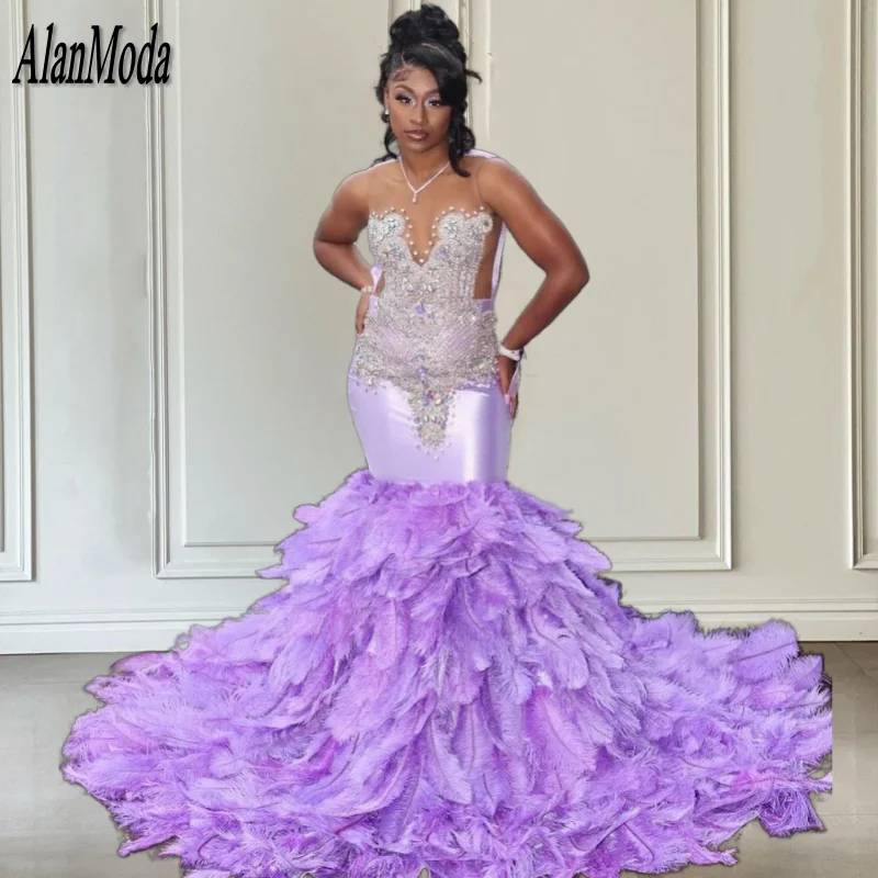 Luxury Light Purple Prom Dresses 2025 Diamond Feathers Mermaid Evening Dress Long Lilac Graduacion Party Gowns Customized