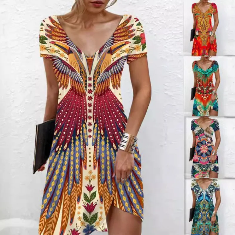 Women Dresses 2026 summer casual floral leaf geometry printed short-sleeved long dress women's clothing vestidoes