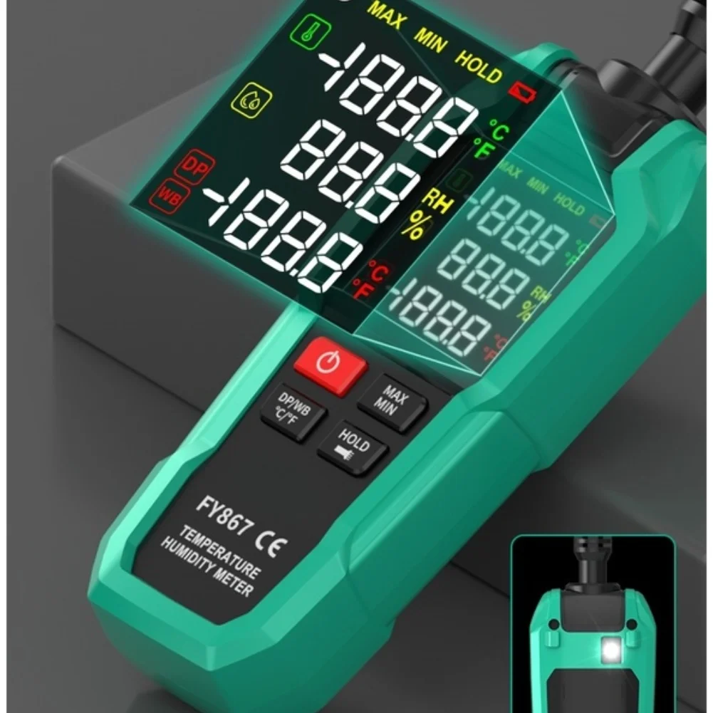 FY867 Digital Thermohygrometer Green Plastic Handheld Meter With Dew Point -20 To 60C 0 To 99 Percent RH High Accuracy For