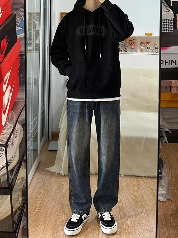 

Мужские джинсы American Vibe в стиле ретро, синие, прямого кроя, из денима с эффектом потертости, с высокой талией, повседневные, расклешенные, длинные брюки для осени