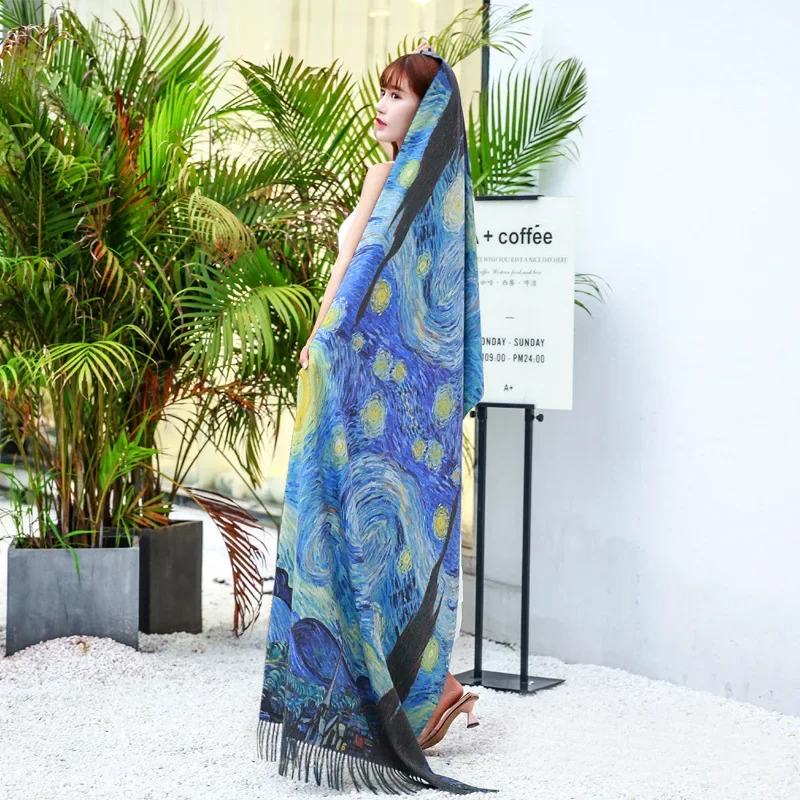 

Роскошный бренд, шаль с картиной маслом, женский шарф для лица, кашемировый шарф, шаль, звездное небо, цифровая роспись из пашмины, женское одеяло, шарф