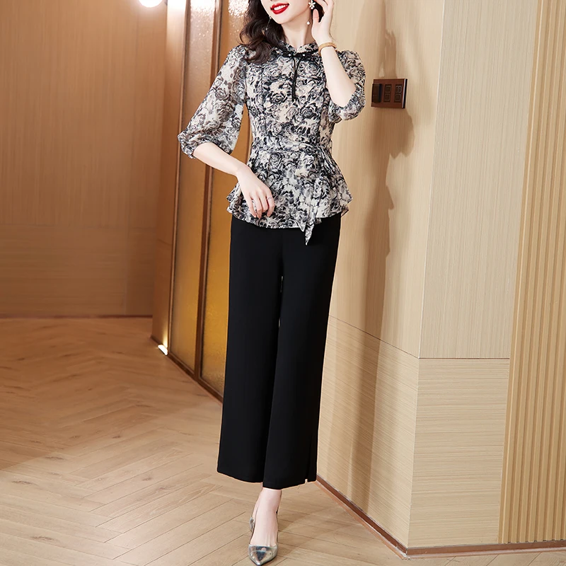 

Fashion Runway Pants Suit Sets Women's Long Sleeve Bow Collar Print Blouses and Casual Pants Two Pieces Set 2023 Spring
