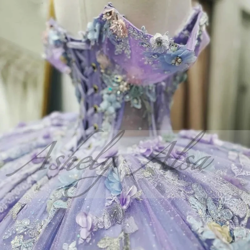 Personalizado lilás princesa menina quinceanera vestidos fora do ombro 3d ilusão floral rendas até bola inchado skit feminino festa de formatura 15