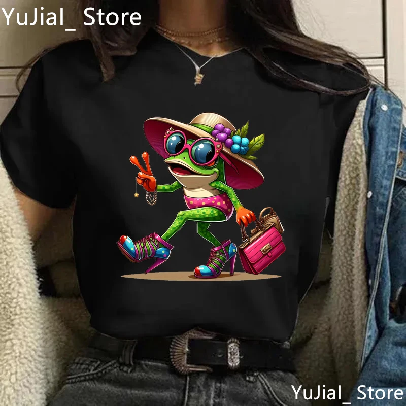 Cool Fashion Frog Shopping Printed T Shirt Women Clothes Funny Casual Tshirt Femme Harajuku Shirt Summer Fashion T-Shirt Female