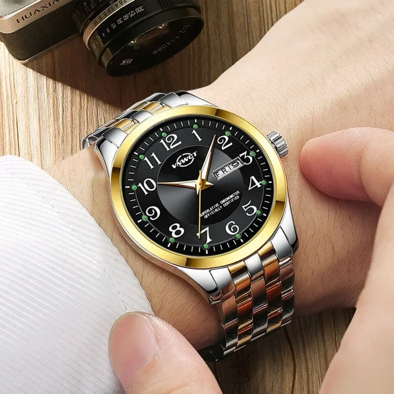 Men's Watch Stainless Steel Band Fashion Luminous Quartz Watch for Man Dual Calendar Male Clock Reloj Hombre Clock