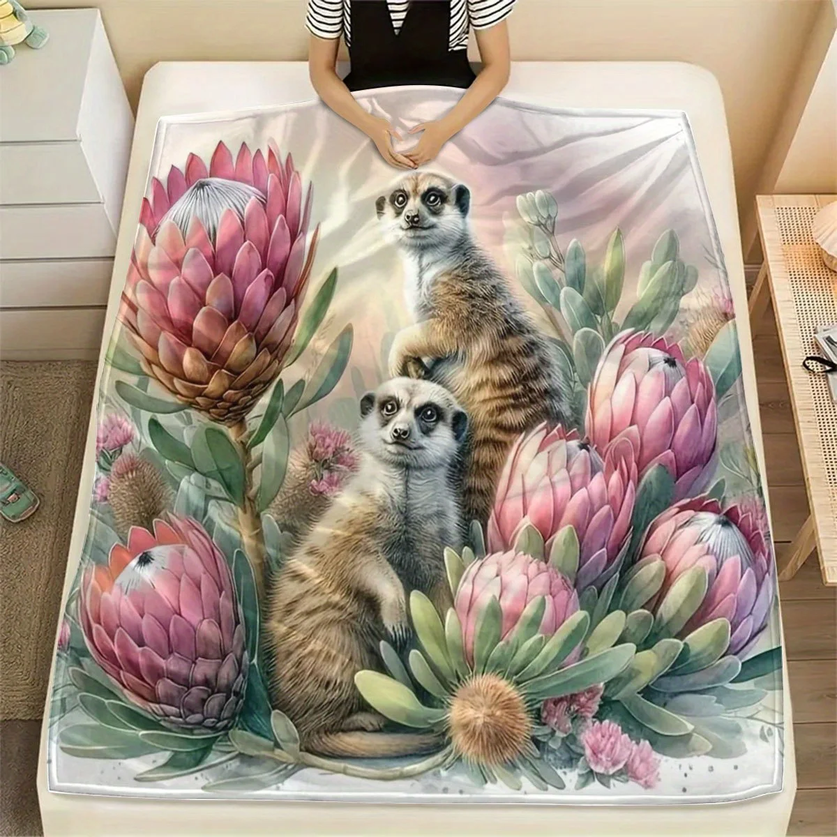 Adorable Meerkat and Vibrant Protea Floral Throw Blanket - Whimsical Animal Pattern Cozy Soft Accent for Sofa Office Travel
