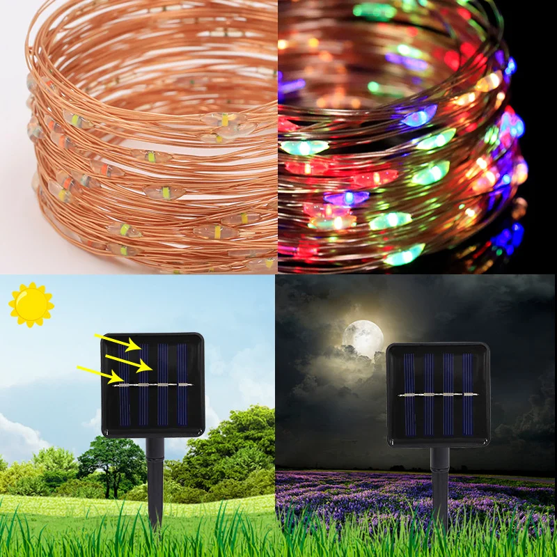Solar Copper Wire String Lights Outdoor 8 Lighting Modes Garden Lights Suitable for Parterre Wedding Bar Coffee Store Displays
