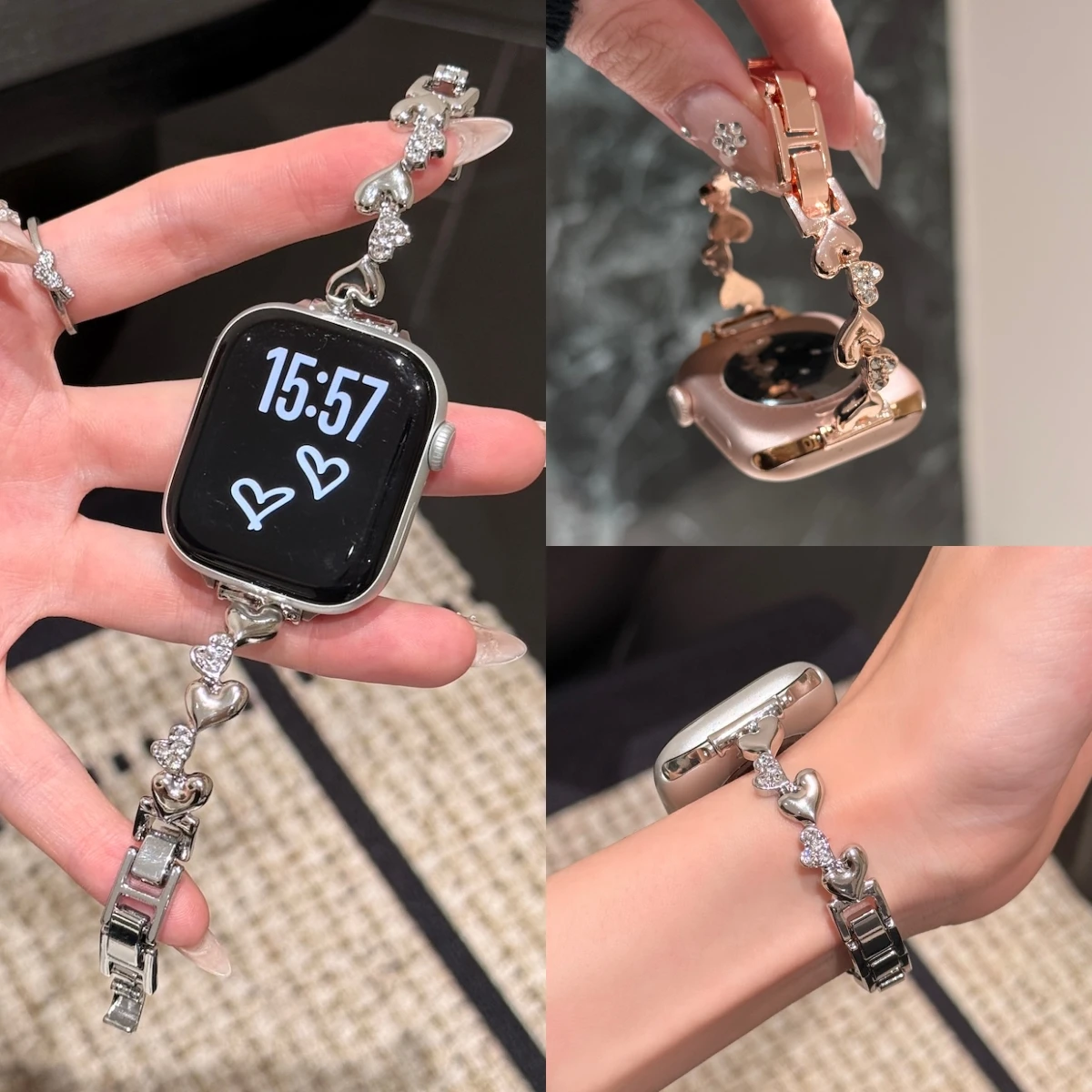 Elegant Bling Heart Rhinestone Metal Wristband For Apple Watch Ultra SE 11 10 9 8 7 Sparkly Sweet Daily Casual Ladies Strap