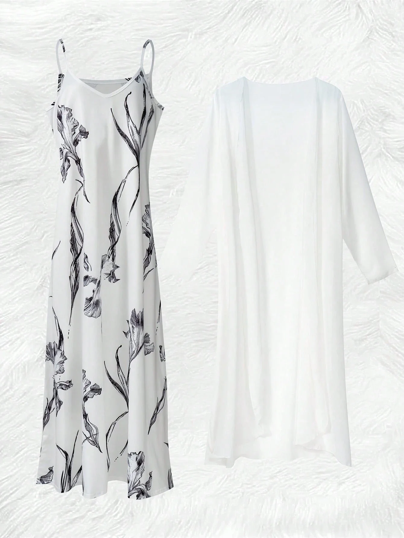 

Elegant V-Neck Floral Chiffon Midi Dress With 3/4 Sleeve Cardigan Set White Spring Summer