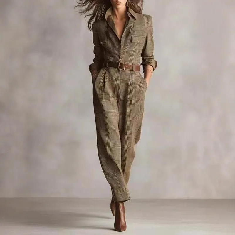 Womens Retro Plaid Jumpsuit Fashion Lapel Collar Button Pocket Long Workwear Jumpsuit AutumnCasual Office Jumpsuits
