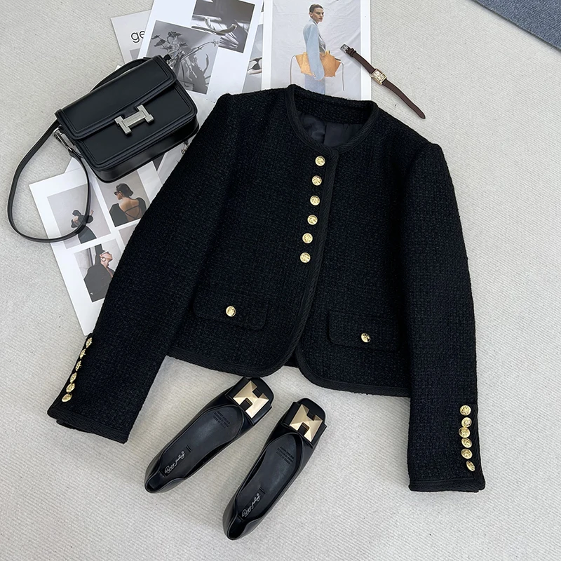 

White Tweed Jacket Korean Women Spring Fall Round Neck Long Sleeve Gold Button Cropped Top Luxury Black Tweed Coat High Quality