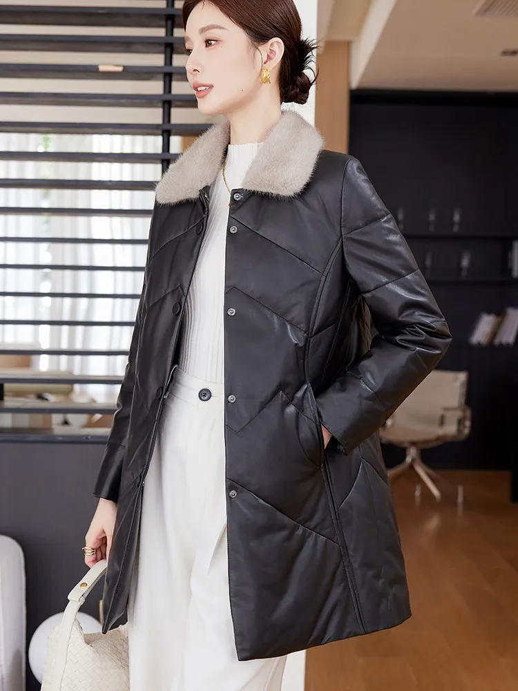 الشتاء النساء واحدة الصدر جلد طبيعي أسفل سترة فرو المنك طوق سليم صالح ملابس خارجية جلد الغنم الحقيقي منتصف طويلة معطف السيدات #4