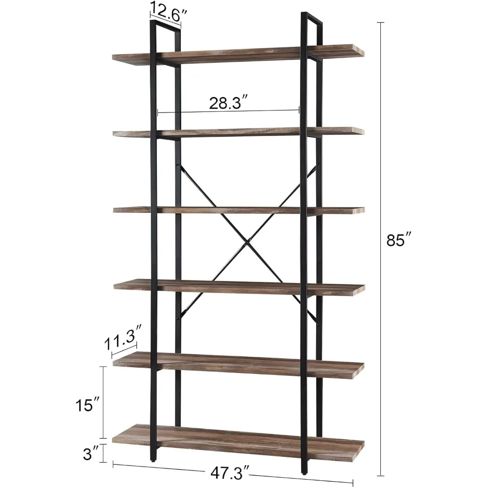 HOMISSUE Bookshelf,6-Tier Tall Bookshelf Industrial Bookcase and Bookshelves,Rustic Storage Rack with Open Shelves for Living