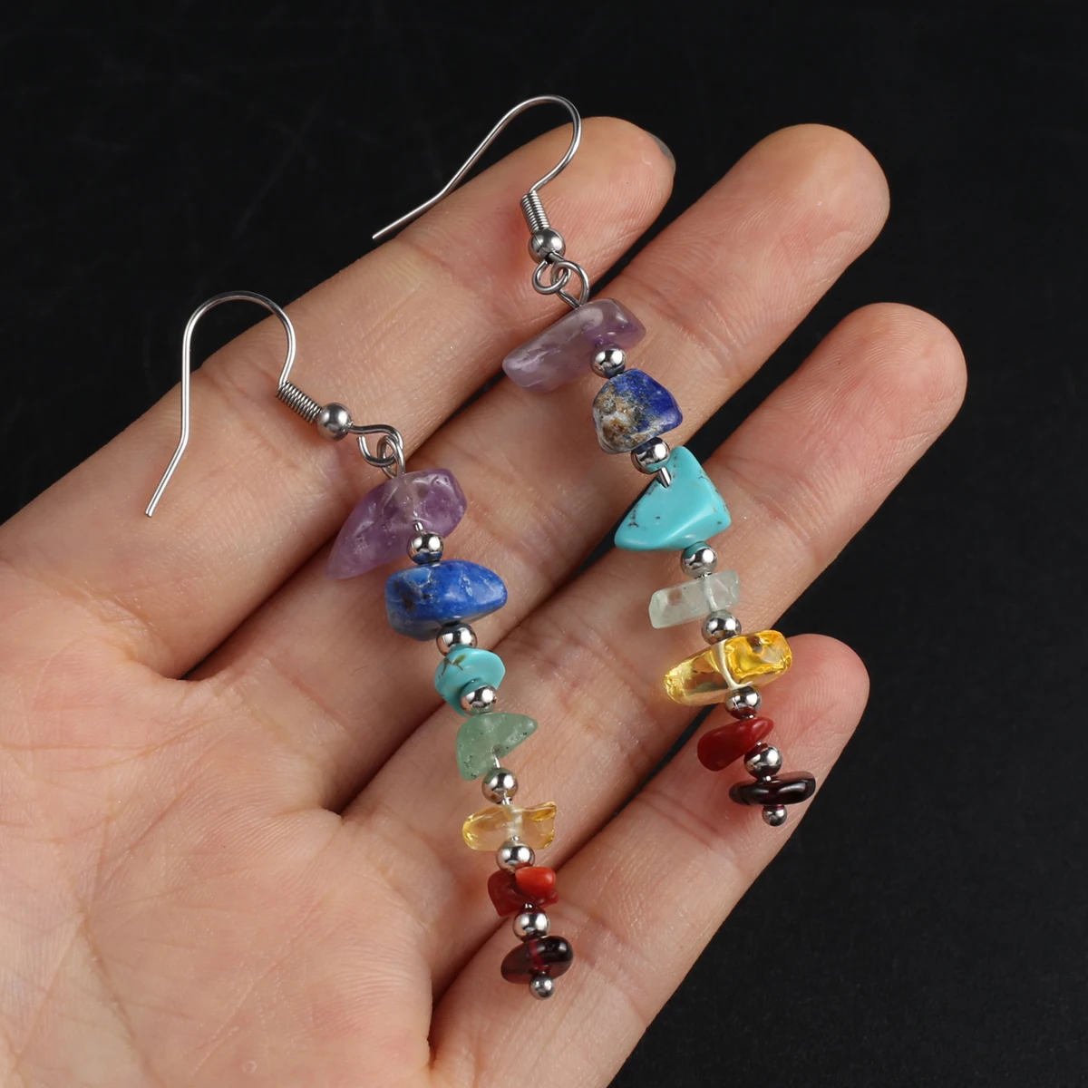 Healing Reiki 7 Chakra Natural Crystal Stone Chip Dangle Earring Amethyst Gravel Drop Earrings Jewelry Ear Studs