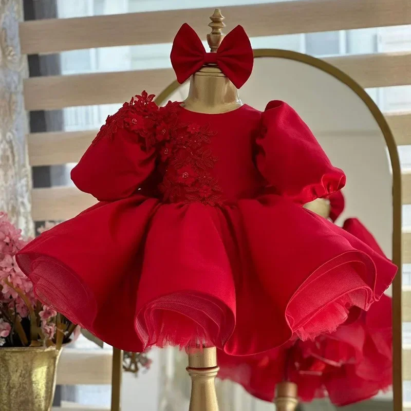 Festival Celebration Girl Princess Dress Appliques Flower Bubble Sleeves Ball Dresses Formal Occasion Clothing for Children