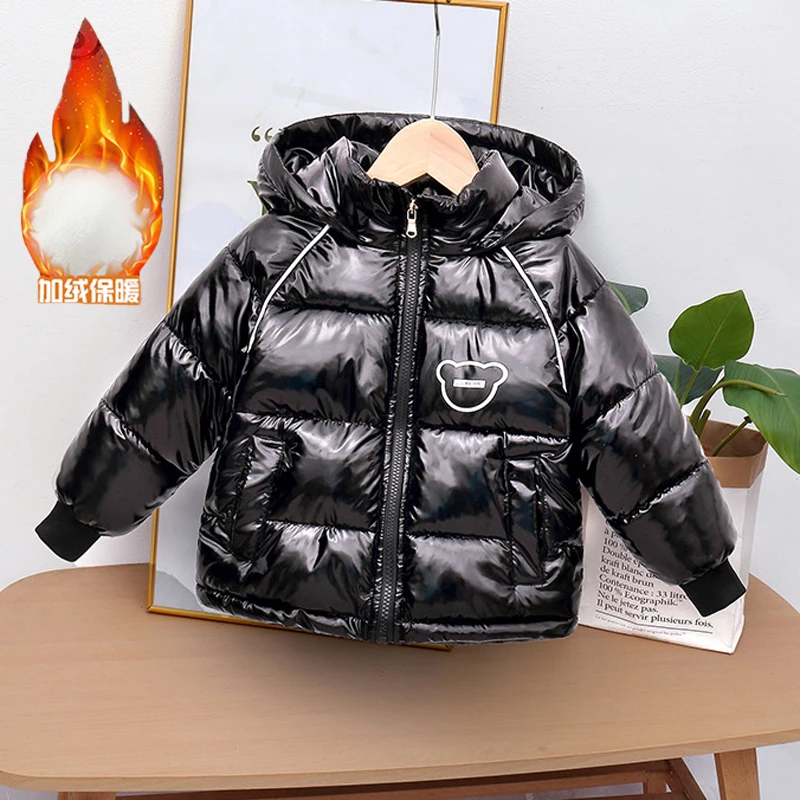 2-6Y Baby Boys Jacket Cartoon Bear Glossy Waterproof Plush Padding Thick Hooded Outwear For Kids Winter Warm Cotton Snowsuit