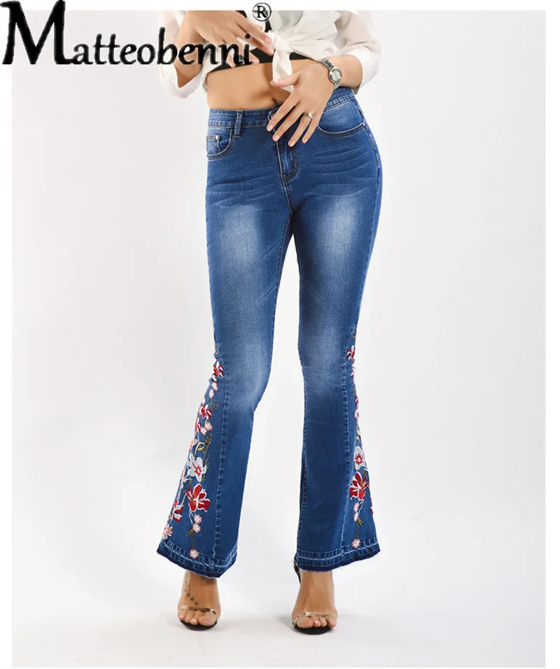 

2025 Elegant Fashion Embroidery Flower Denim Pants Women Flared Jeans Female Casual Midi Waist Trousers New Vintage Streetwear