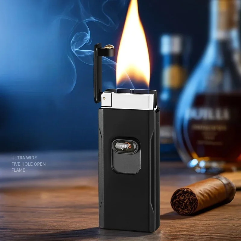 2024 Creative Lift Ultra Wide Five Open Flame Butane Gas Lighter Gravity Sensing Shake Ignition Type-C Electric Lighters Smoking