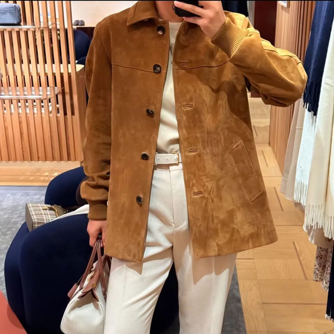 Veste en daim et peau de mouton pour femme, manteau ample en cuir véritable, manches longues, simple boutonnage, Style argent ancien, Vintage, qualité supérieure, 100%