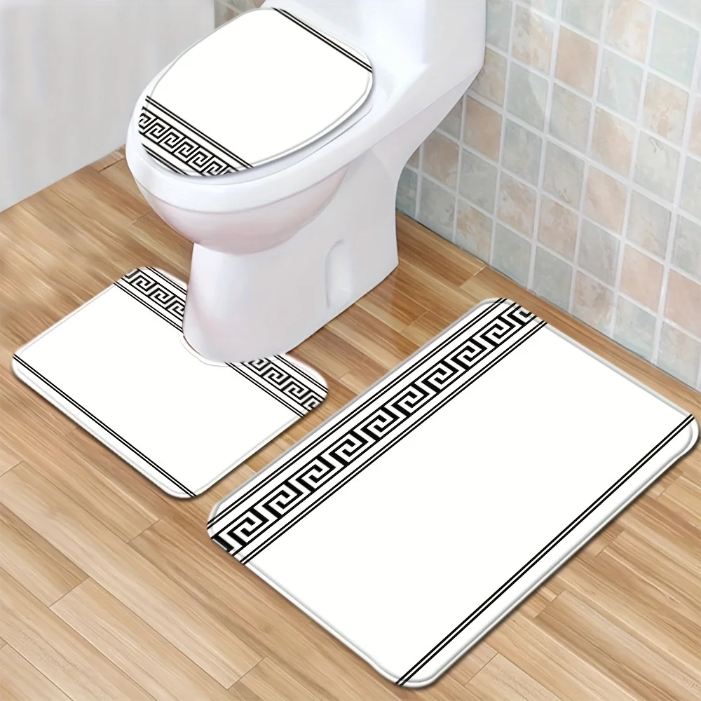 

3pcs Plaid Floor Mat Set Toilet Cover Toilet Carpet Bathroom Absorbent Door Mat Bathroom Three-piece Set Non-slip Mat Decoration