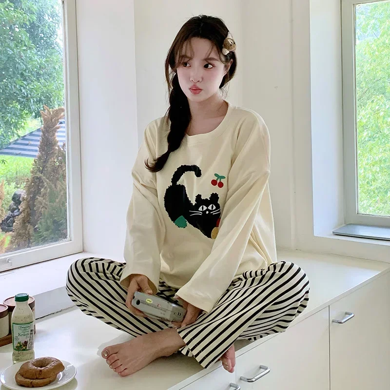 

korean long Sleeve Elegant Lounge Pijamas Women's Pajamas spring autumn Pajama Sets cute cartoon printed thin Sleepwear homewear