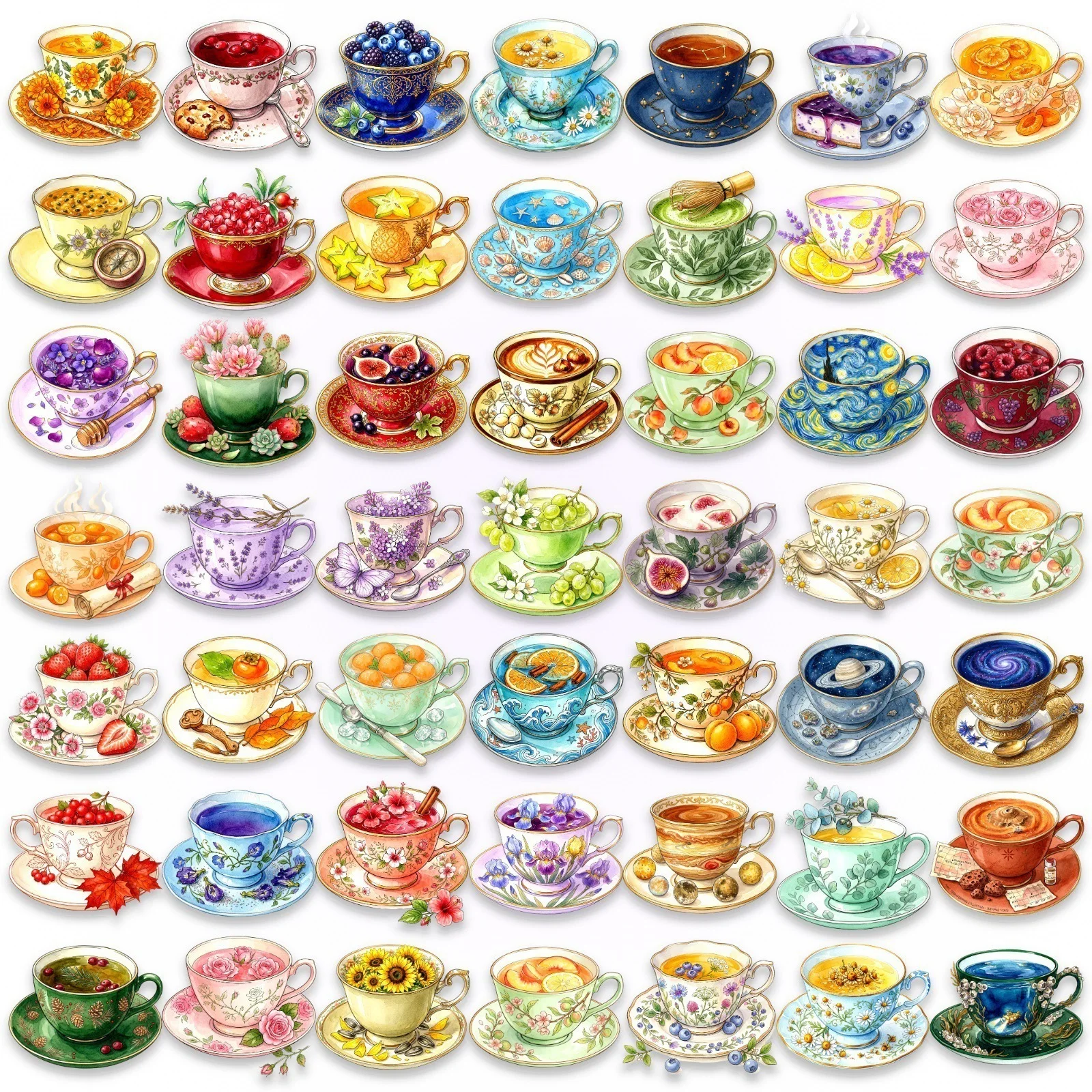 50 Pcs Beautiful Teacup Classical Art Stickers PET Clear Waterproof Decorate Cup Phone Fridge Gift Box Laptop Scrapbook Decals image 4