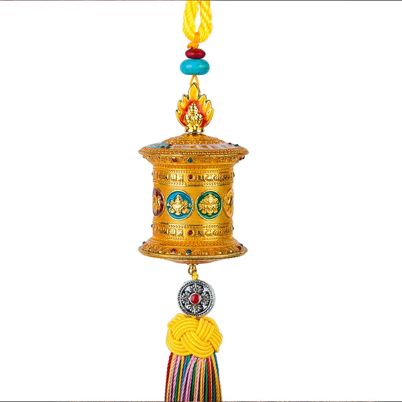 Tibetan Style Auspicious Car Pendant Alloy Prayer Wheel Colored Tassel Car Rearview Mirror Pendant Auto Interior Accessories