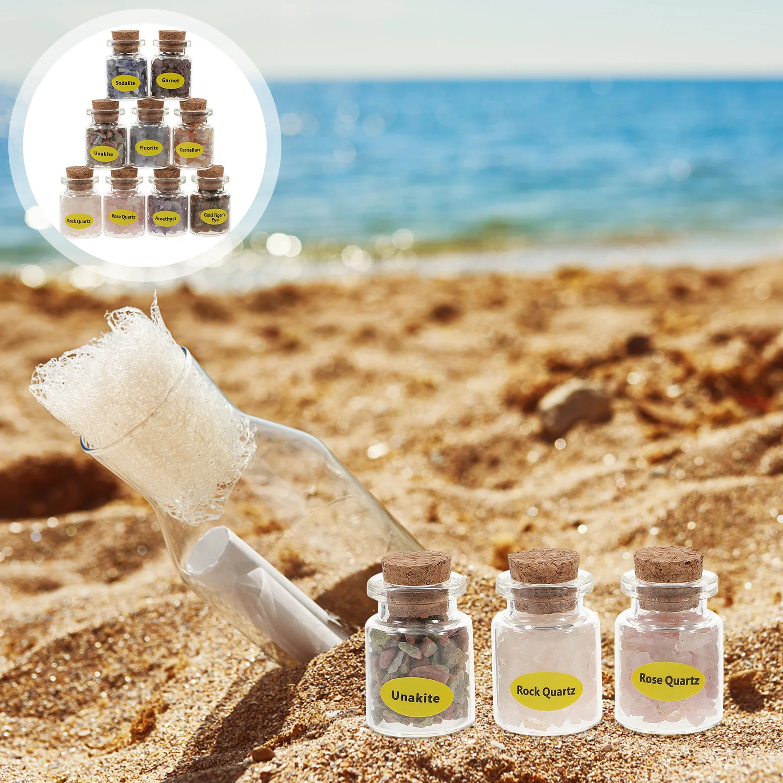 

9Pcs Crystal Stone Bottles Set in Glass Jars with Cork Small Wishing Bottles for Valentine's Day Wedding Party Decoration