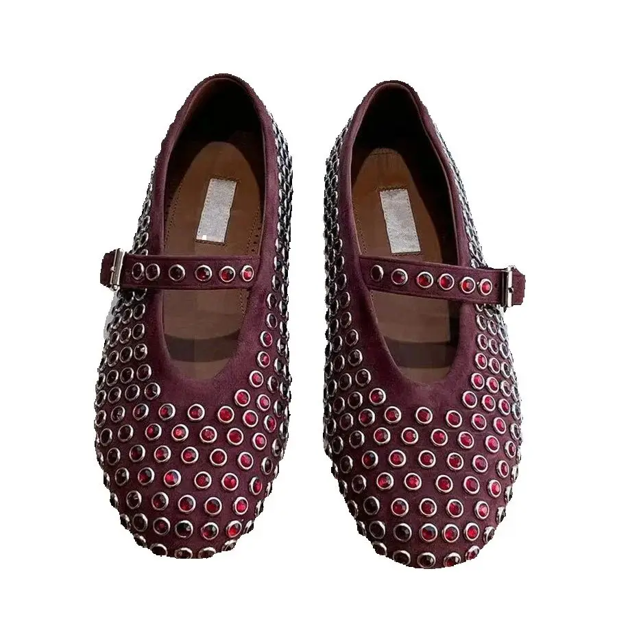 2026 Nieuwe Rivet Full Diamond Water Diamond Balletschoenen Dames Echt Leer Platte Bodem Ronde Kop Mary Jane Enkele Schoenen - afbeelding 2