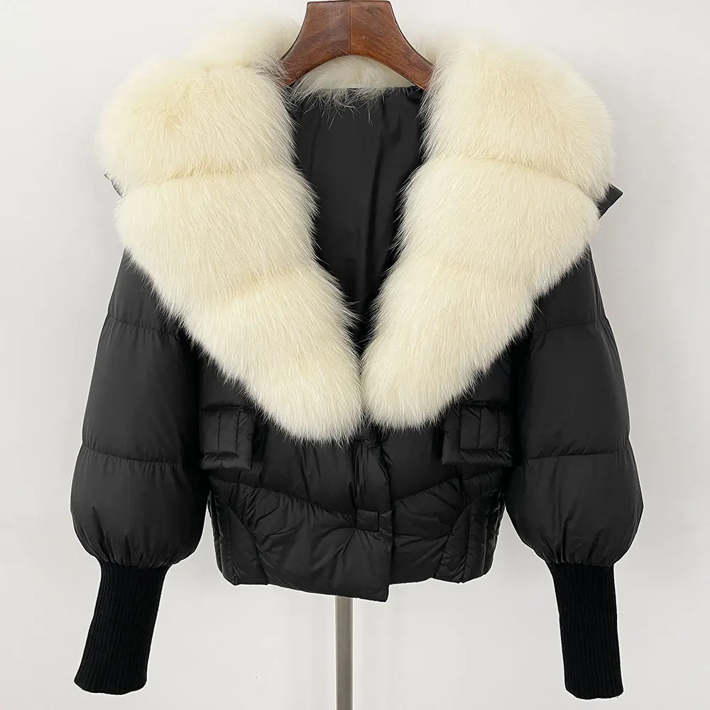Abrigo con Cuello de piel para mujer, chaqueta de plumón de pato blanco, abrigo de piel de zorro de mapache Real, holgado, elegante, informal, para oficina, invierno, 2024