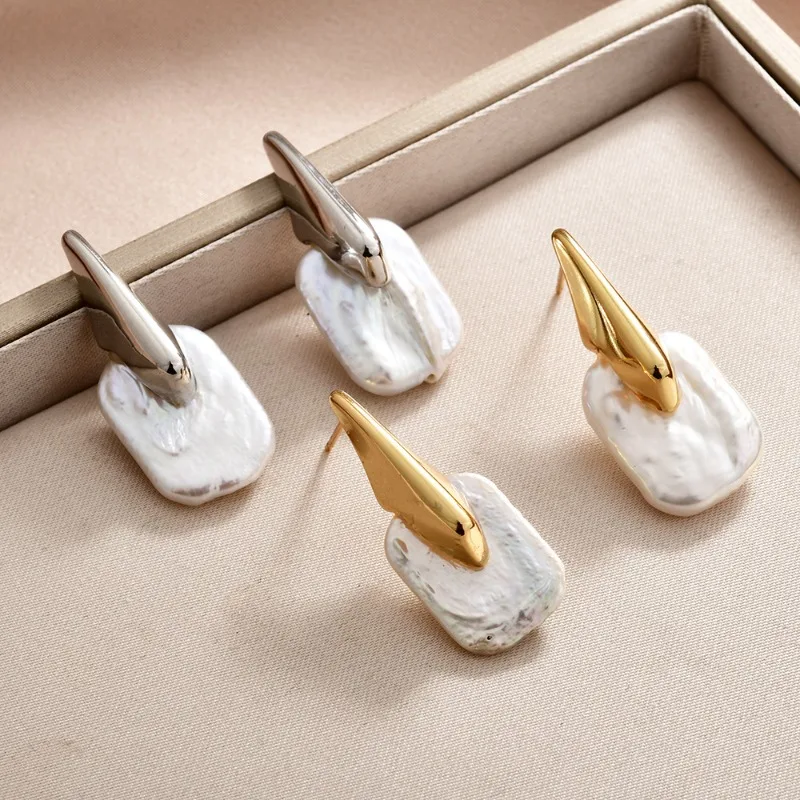New fashion jewelry 14K gold plated simple square natural baroque freshwater pearl earrings elegant women's daily accessories