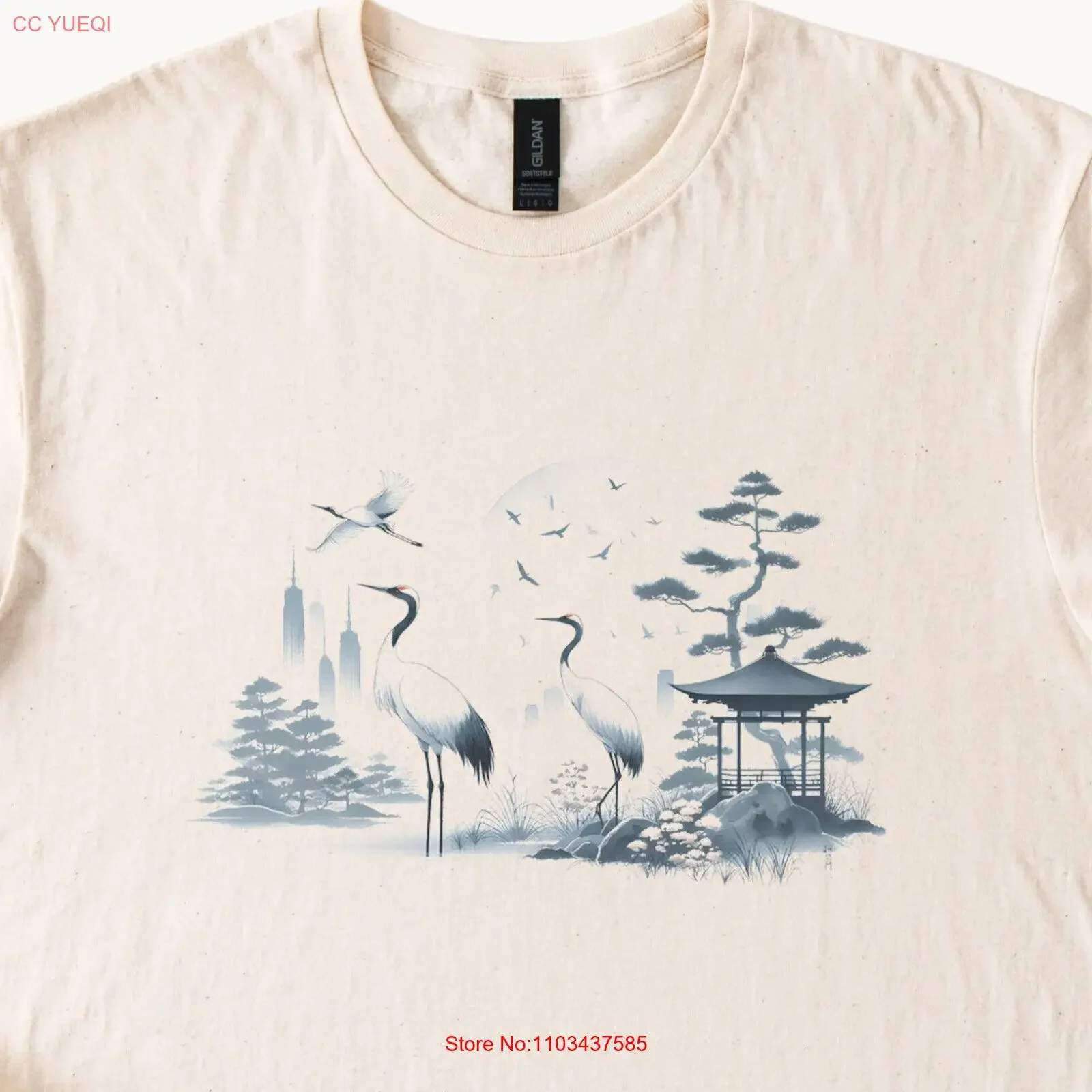 Футболка с изображением журавля, птицы, пагода, природа, японское искусство, винтажная стираная унисекс с рисунком, стильный слегка топ для повседневной носки