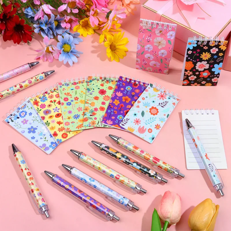 

24 Pcs Floral Stationery Set - 8 Styles Flower Spiral Notebooks Ballpoint Pens for Women, Office Supplies, Wedding Favors