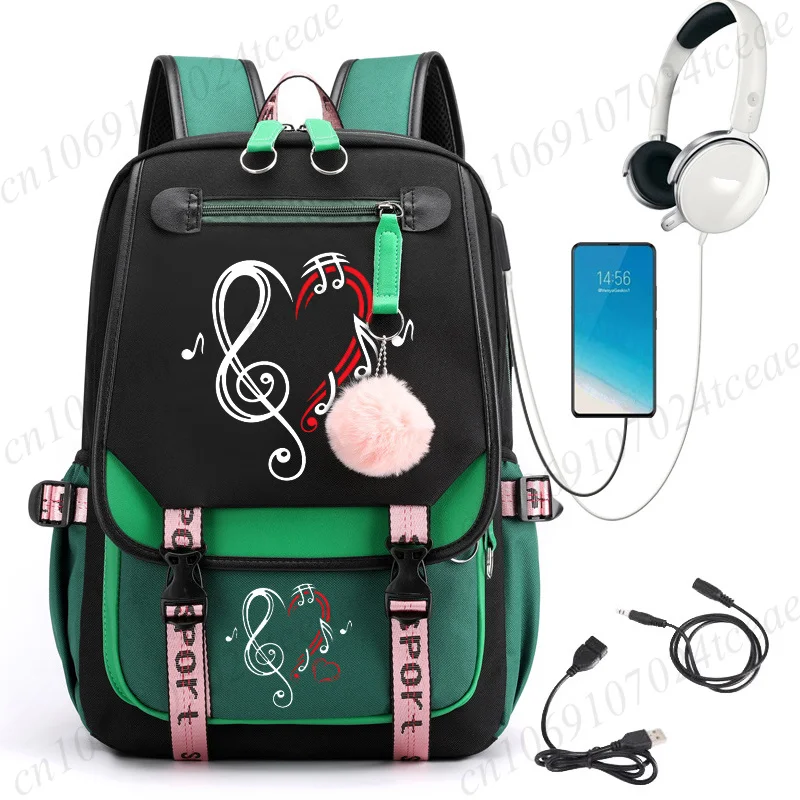 Kawaii Music Note Backpack for Teen Girls USB Laptop School Bag Harajuku Aesthetic Music Heart Graphic Daypack Musician Gift