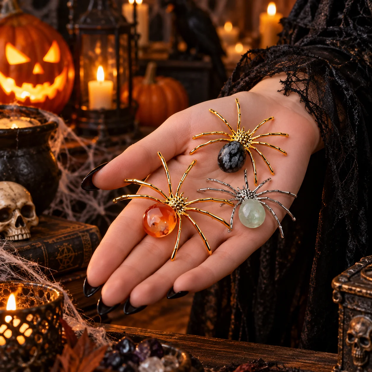 3pcs Natural Crystal Spider Figurine Gemstone Spider Ornament Handmade Stone Animal Statue Halloween Home Desk Decor Collectible